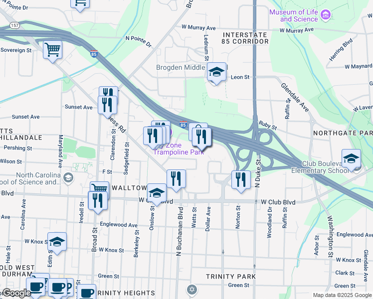 map of restaurants, bars, coffee shops, grocery stores, and more near 1620 Guess Road in Durham