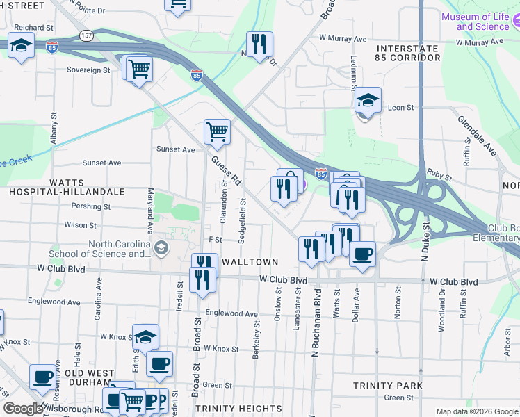 map of restaurants, bars, coffee shops, grocery stores, and more near 1407 Berkeley Street in Durham