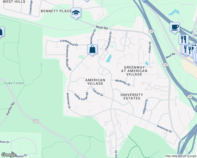 map of restaurants, bars, coffee shops, grocery stores, and more near 44 Intuition Circle in Durham