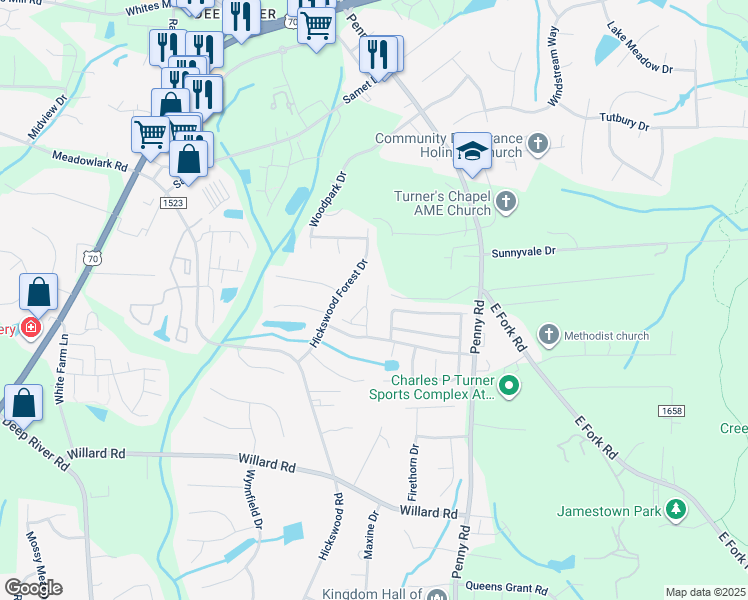 map of restaurants, bars, coffee shops, grocery stores, and more near 3630 Rock Meadow Circle in High Point