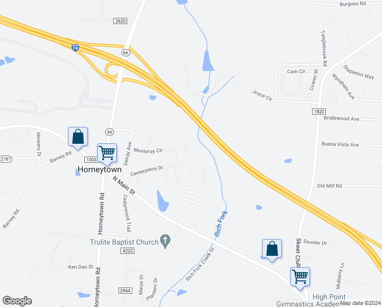 map of restaurants, bars, coffee shops, grocery stores, and more near 4024 North Main Street in High Point