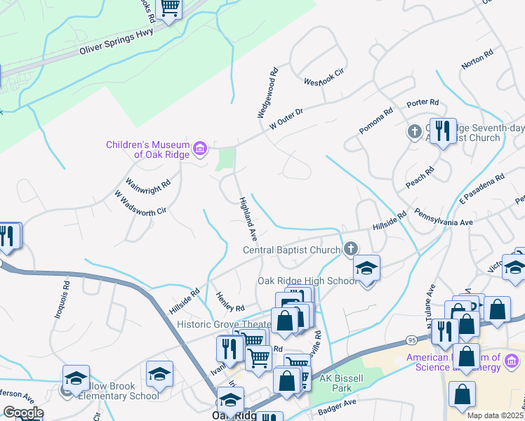 map of restaurants, bars, coffee shops, grocery stores, and more near 236 Highland Avenue in Oak Ridge