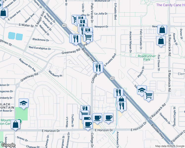 map of restaurants, bars, coffee shops, grocery stores, and more near 664 Foam Flower Lane in Henderson
