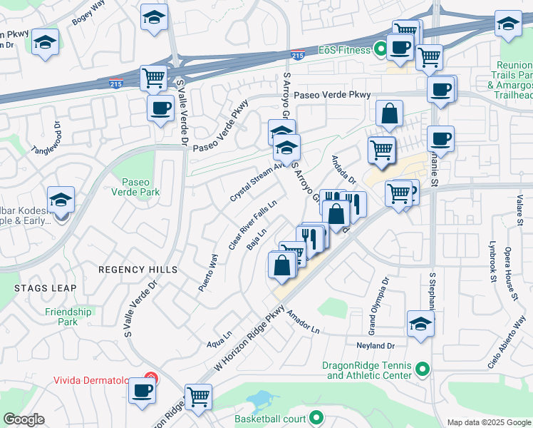map of restaurants, bars, coffee shops, grocery stores, and more near 1763 Clear River Falls Lane in Henderson
