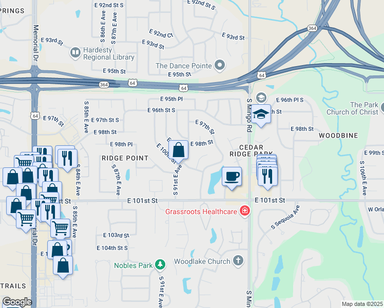 map of restaurants, bars, coffee shops, grocery stores, and more near 9814 South 92nd East Avenue in Tulsa
