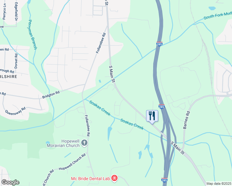 map of restaurants, bars, coffee shops, grocery stores, and more near 4618 South Main Street in Winston-Salem
