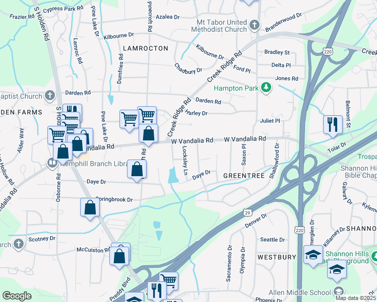 map of restaurants, bars, coffee shops, grocery stores, and more near 3005 Locksley Lane in Greensboro