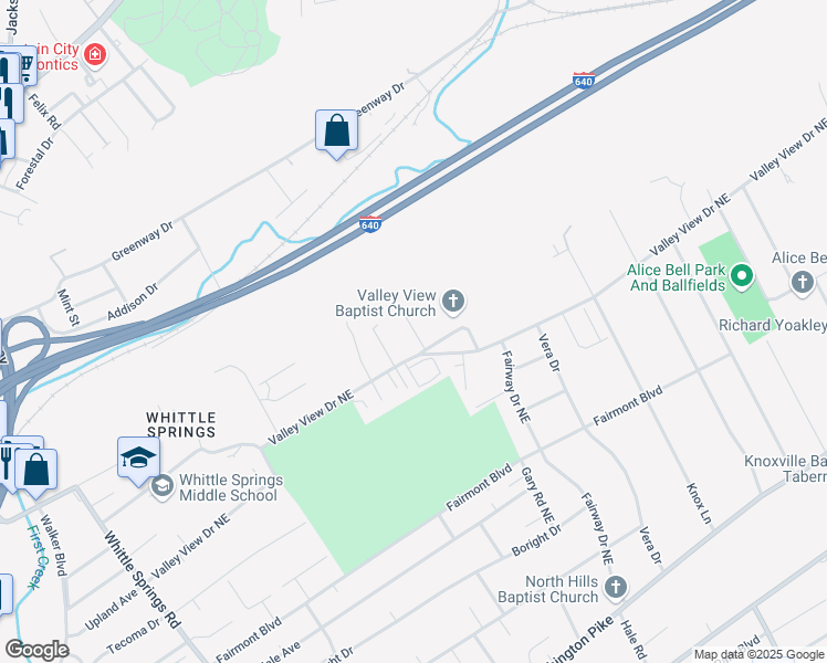 map of restaurants, bars, coffee shops, grocery stores, and more near 3647 Starview Way in Knoxville