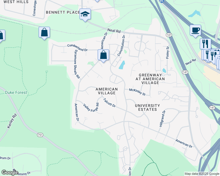 map of restaurants, bars, coffee shops, grocery stores, and more near 44 Intuition Circle in Durham