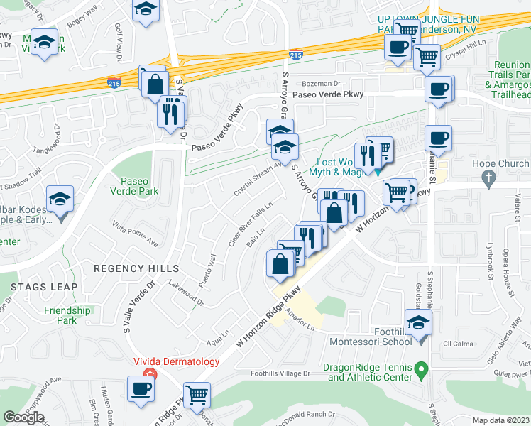 map of restaurants, bars, coffee shops, grocery stores, and more near 1763 Clear River Falls Lane in Henderson