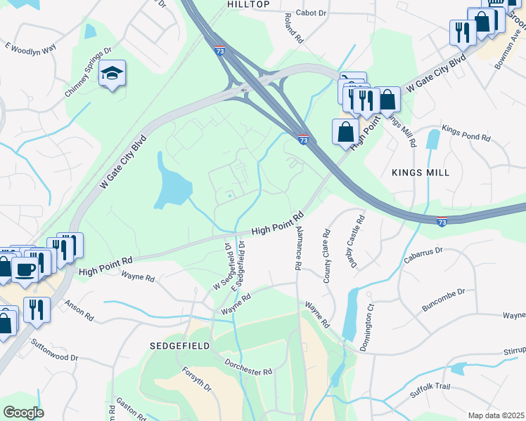 map of restaurants, bars, coffee shops, grocery stores, and more near 2998 Alamance Road in Greensboro