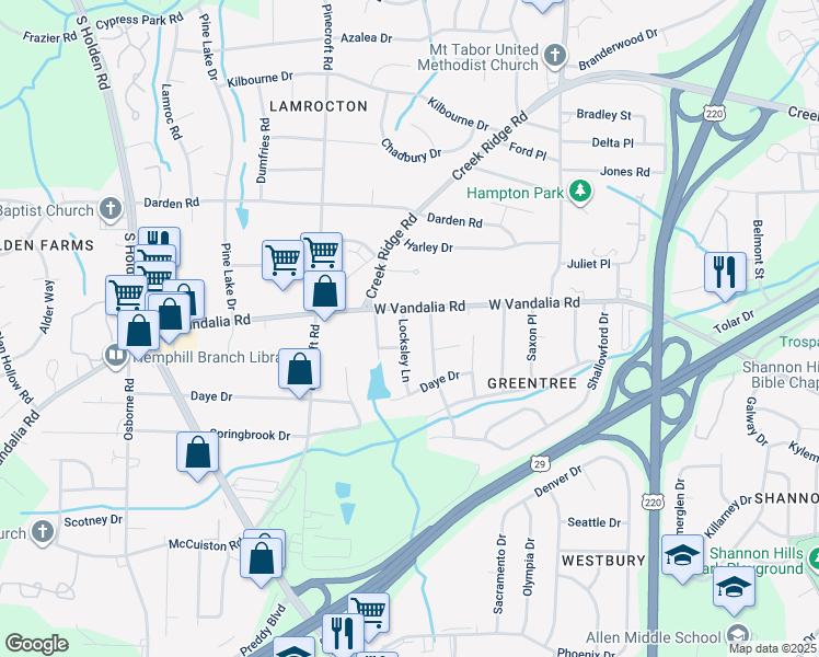 map of restaurants, bars, coffee shops, grocery stores, and more near 3005 Locksley Lane in Greensboro