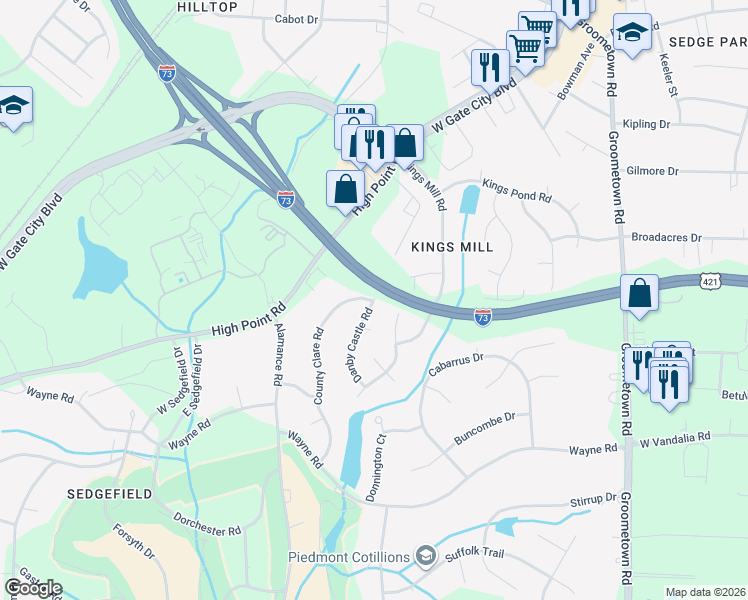 map of restaurants, bars, coffee shops, grocery stores, and more near 4419 Danby Castle Road in Greensboro