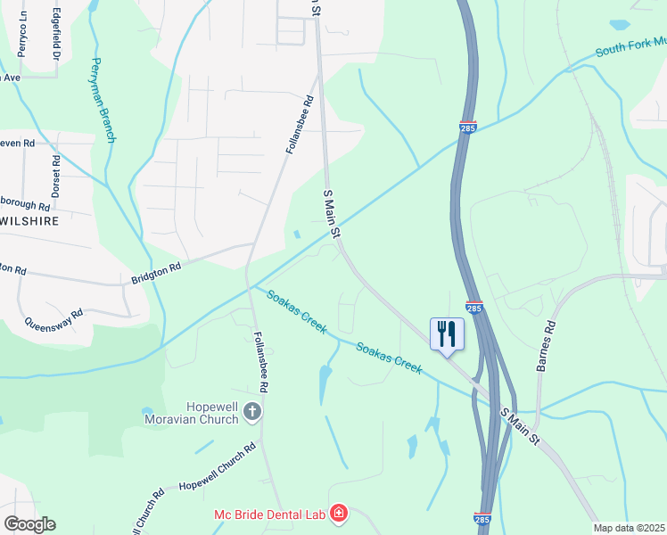 map of restaurants, bars, coffee shops, grocery stores, and more near 4618 South Main Street in Winston-Salem