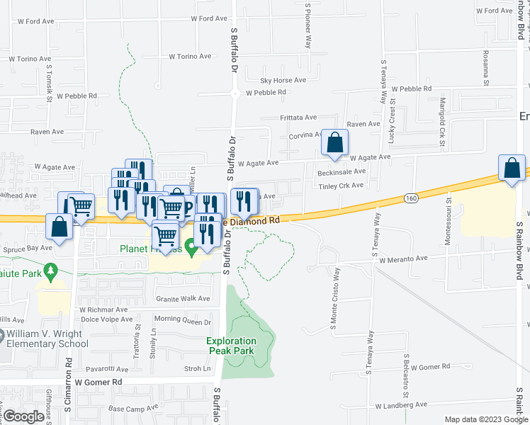 map of restaurants, bars, coffee shops, grocery stores, and more near 7688 Nevada 160 in Las Vegas