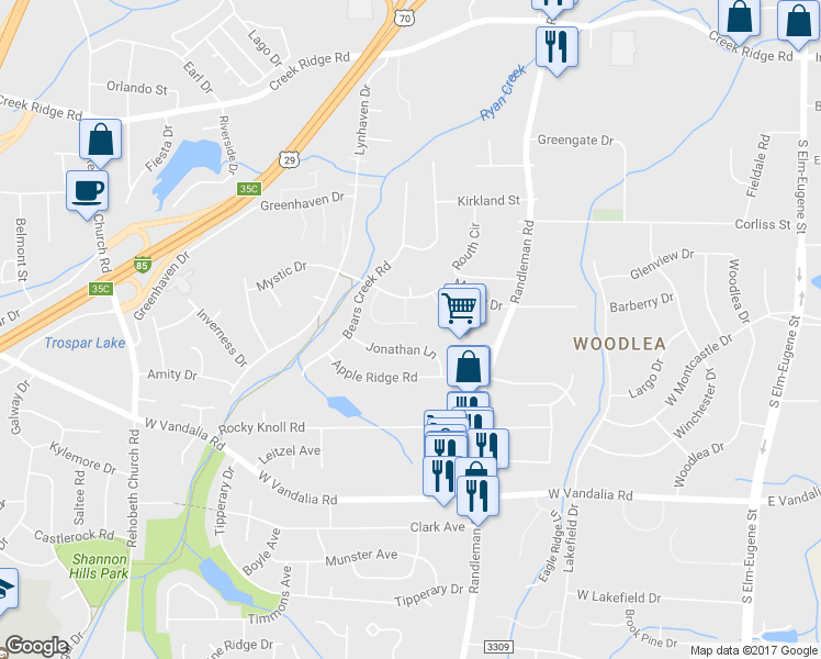 map of restaurants, bars, coffee shops, grocery stores, and more near 555 Mystic Drive in Greensboro