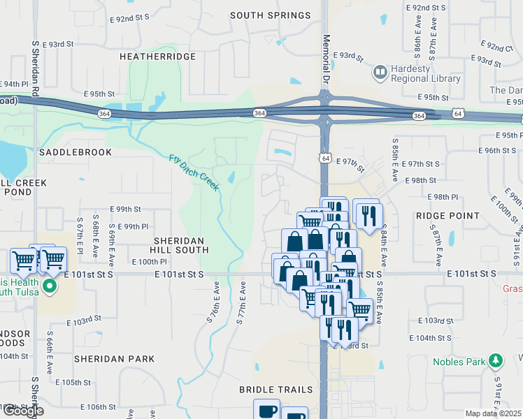 map of restaurants, bars, coffee shops, grocery stores, and more near 7708 East 99th Street in Tulsa