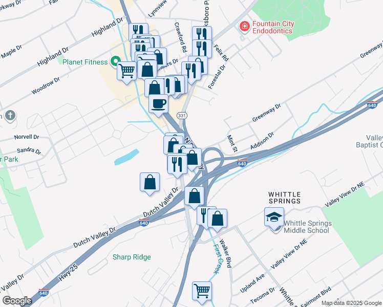 map of restaurants, bars, coffee shops, grocery stores, and more near 4666 North Broadway in Knoxville