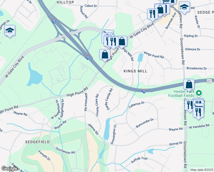 map of restaurants, bars, coffee shops, grocery stores, and more near 2815 County Clare Road in Greensboro
