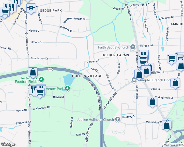 map of restaurants, bars, coffee shops, grocery stores, and more near 3241 Anvil Place in Greensboro