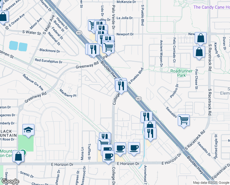 map of restaurants, bars, coffee shops, grocery stores, and more near 227 College Drive in Henderson