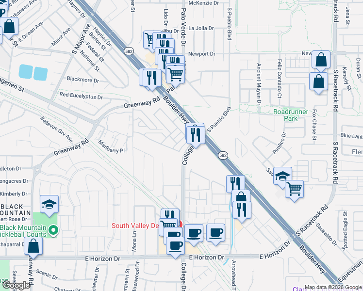 map of restaurants, bars, coffee shops, grocery stores, and more near 227 College Drive in Henderson