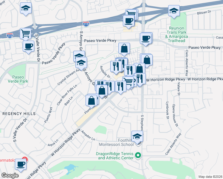 map of restaurants, bars, coffee shops, grocery stores, and more near 192 Oella Ridge Court in Henderson