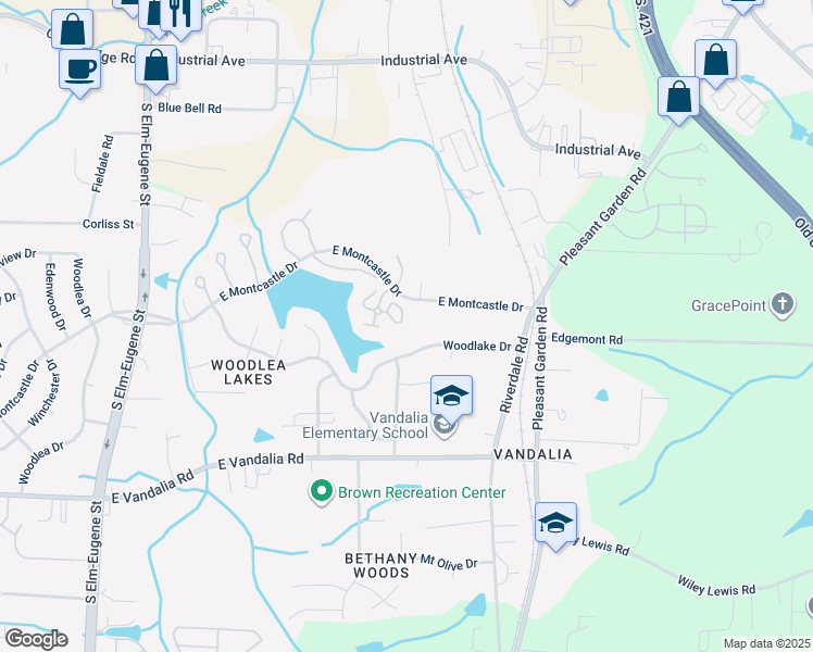 map of restaurants, bars, coffee shops, grocery stores, and more near 16 Grassy Knoll Circle in Greensboro