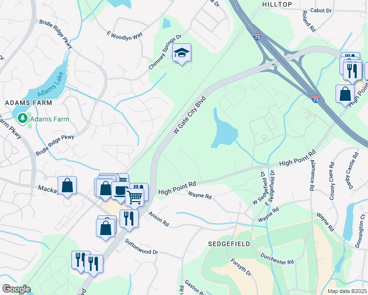 map of restaurants, bars, coffee shops, grocery stores, and more near 3105 Sedgefield Gate Road in Greensboro
