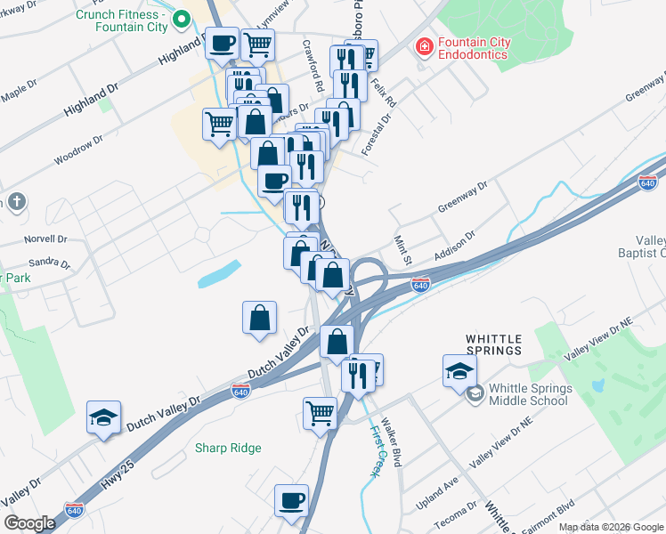 map of restaurants, bars, coffee shops, grocery stores, and more near 4666 North Broadway in Knoxville