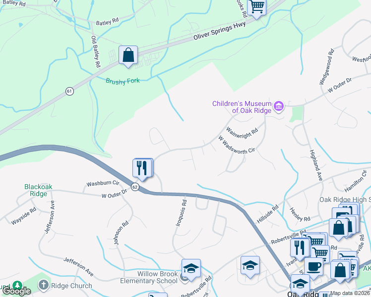 map of restaurants, bars, coffee shops, grocery stores, and more near 570 West Outer Drive in Oak Ridge