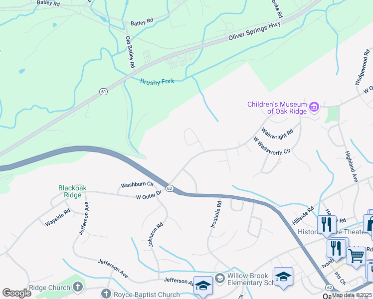 map of restaurants, bars, coffee shops, grocery stores, and more near 150 Warrior Circle in Oak Ridge