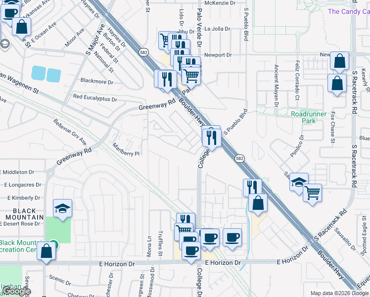 map of restaurants, bars, coffee shops, grocery stores, and more near 650 Vetiver Lane in Henderson