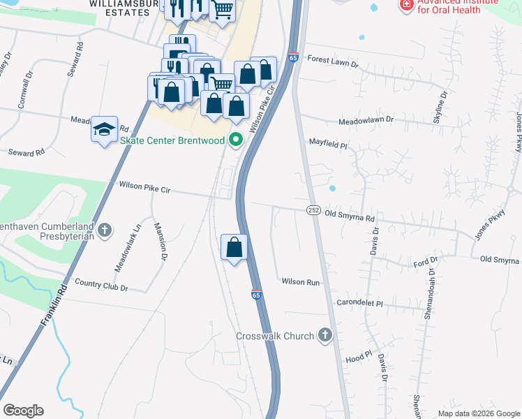 map of restaurants, bars, coffee shops, grocery stores, and more near 501 Wilson Run in Brentwood