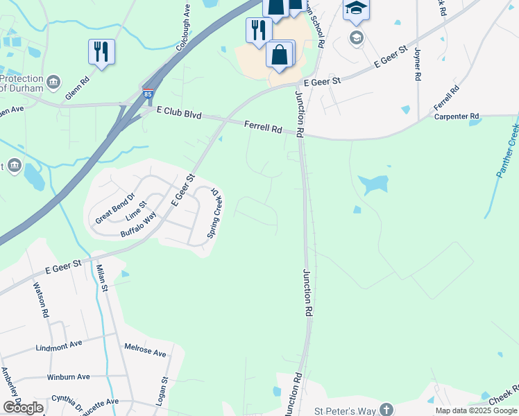 map of restaurants, bars, coffee shops, grocery stores, and more near 2201 Crestwood Ridge Drive in Durham