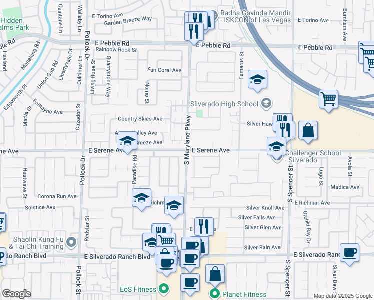 map of restaurants, bars, coffee shops, grocery stores, and more near East Serene Avenue in Las Vegas