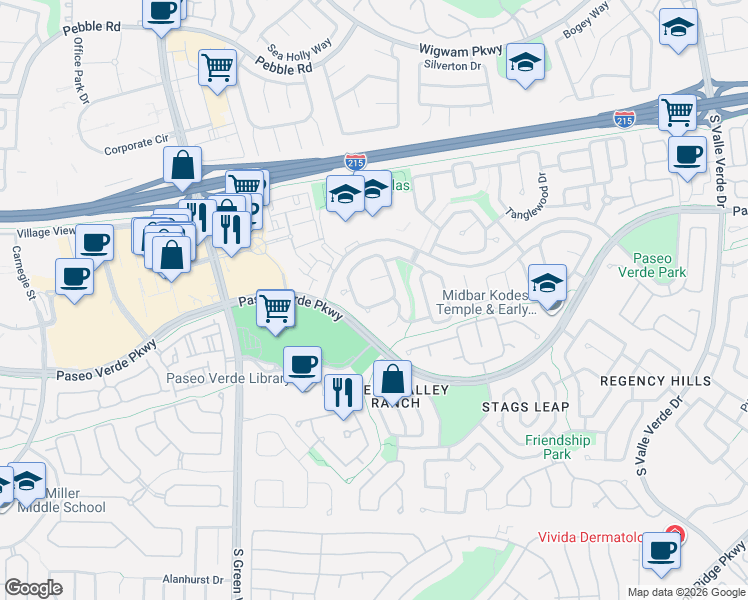 map of restaurants, bars, coffee shops, grocery stores, and more near 223 Chestnut Ridge Circle in Henderson