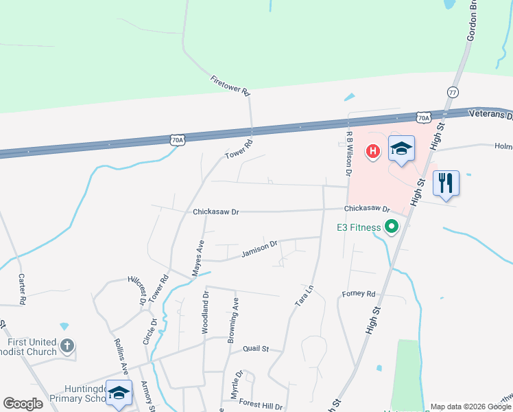 map of restaurants, bars, coffee shops, grocery stores, and more near 395 Chickasaw Drive in Huntingdon