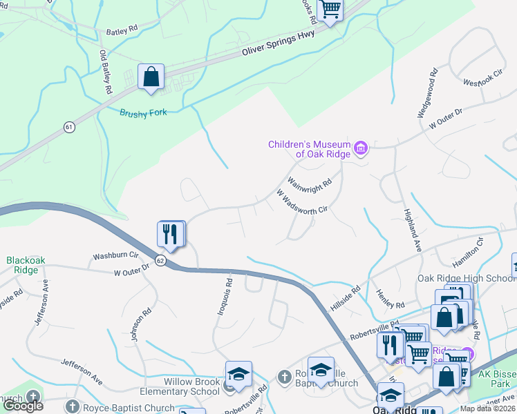map of restaurants, bars, coffee shops, grocery stores, and more near 554 West Outer Drive in Oak Ridge