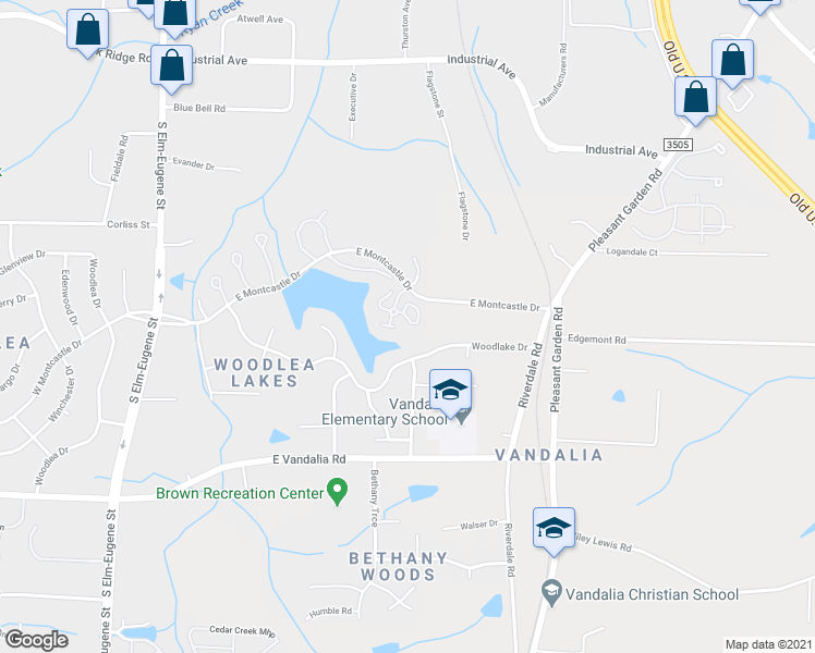map of restaurants, bars, coffee shops, grocery stores, and more near 53 Grassy Knoll Circle in Greensboro