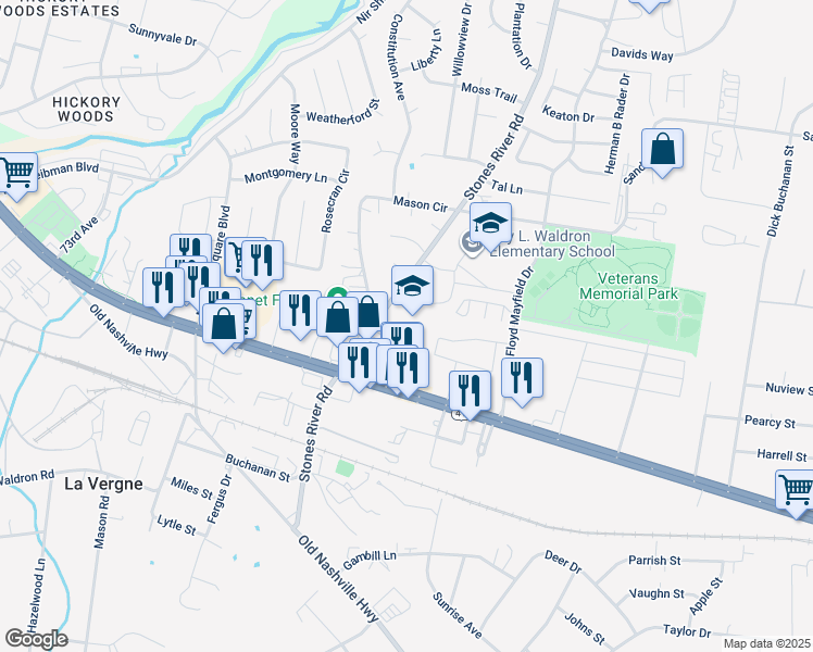 map of restaurants, bars, coffee shops, grocery stores, and more near 220 Stones River Road in La Vergne