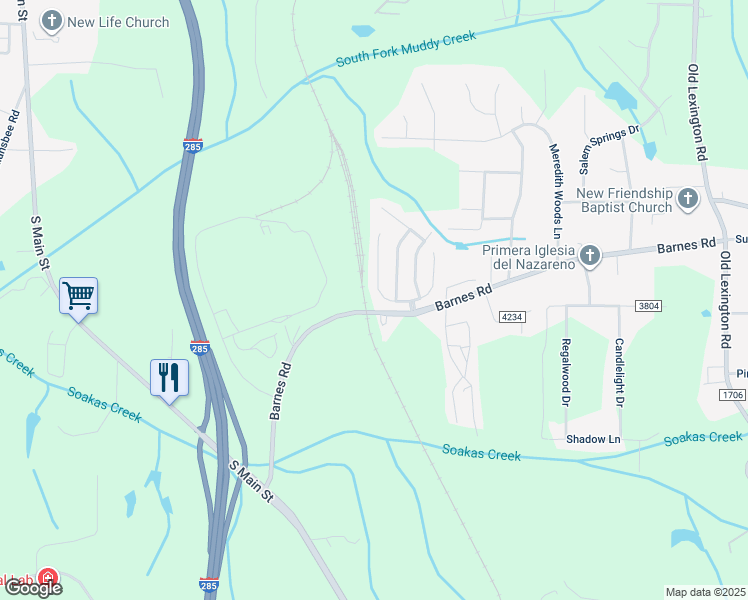 map of restaurants, bars, coffee shops, grocery stores, and more near 262 Kendall Drive in Winston-Salem