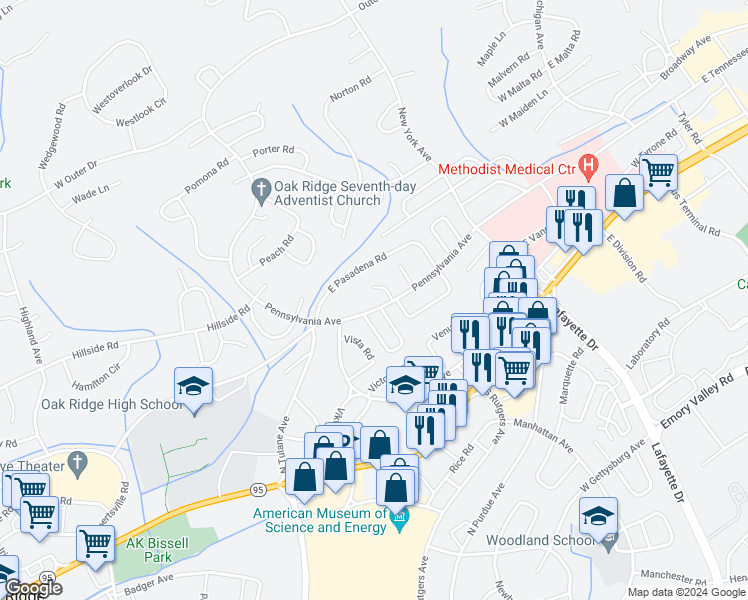 map of restaurants, bars, coffee shops, grocery stores, and more near 110 North Illinois Avenue in Oak Ridge