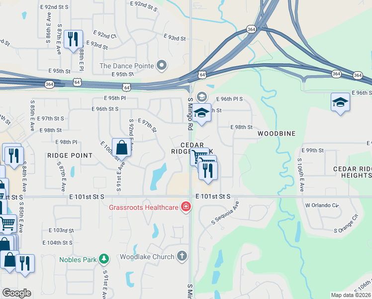 map of restaurants, bars, coffee shops, grocery stores, and more near 9526 East 99th Street in Tulsa