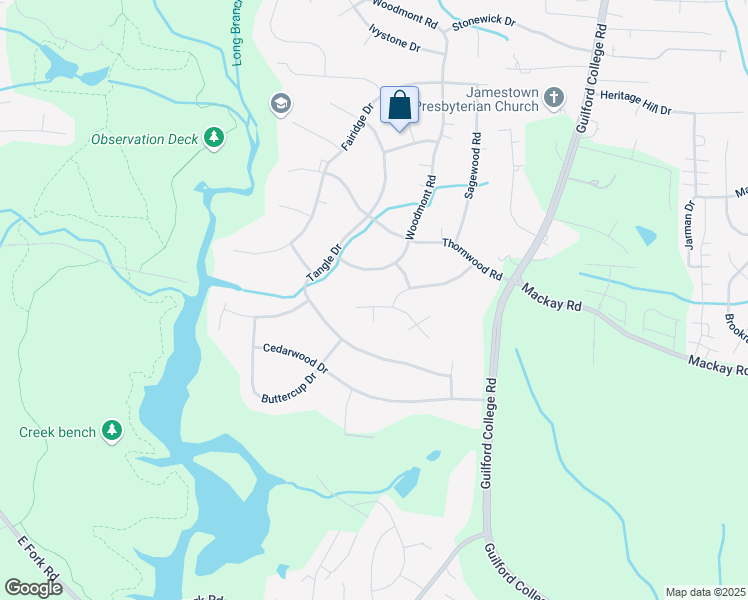 map of restaurants, bars, coffee shops, grocery stores, and more near 203 Hidden Ridge Drive in Jamestown