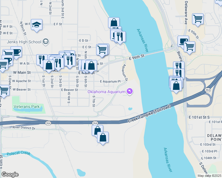 map of restaurants, bars, coffee shops, grocery stores, and more near 303 South Riverfront Drive in Jenks