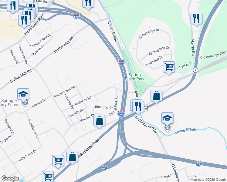 map of restaurants, bars, coffee shops, grocery stores, and more near 963 Spring Park Road in Knoxville