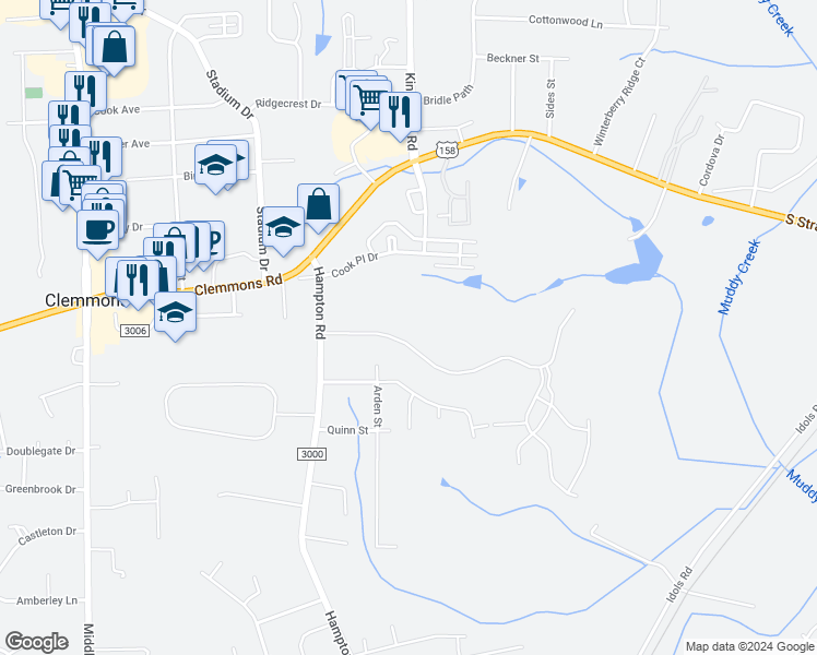map of restaurants, bars, coffee shops, grocery stores, and more near 6129 Arden Drive in Clemmons
