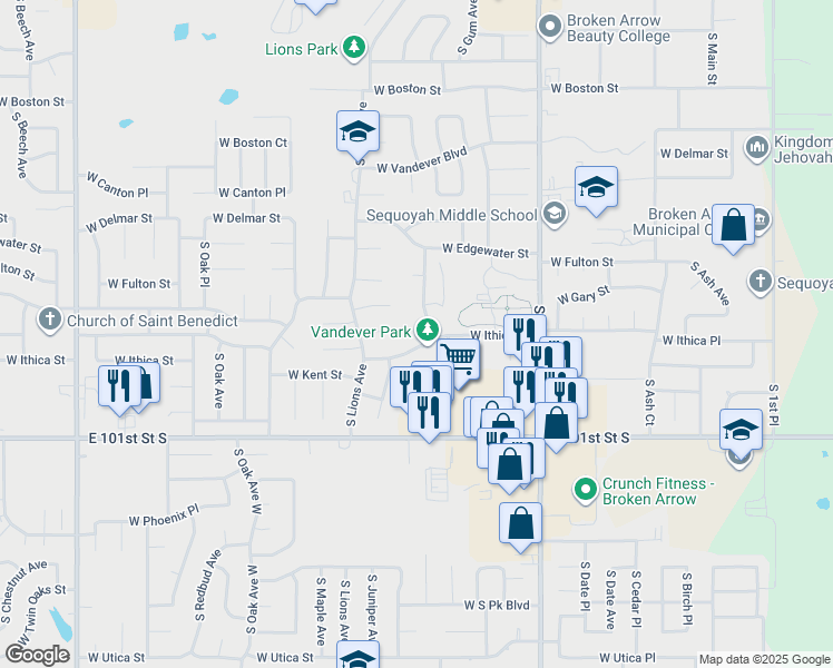 map of restaurants, bars, coffee shops, grocery stores, and more near 2904 South Juniper Avenue in Broken Arrow