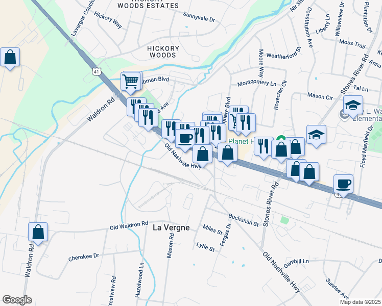 map of restaurants, bars, coffee shops, grocery stores, and more near 5100 Nashville Highway in La Vergne